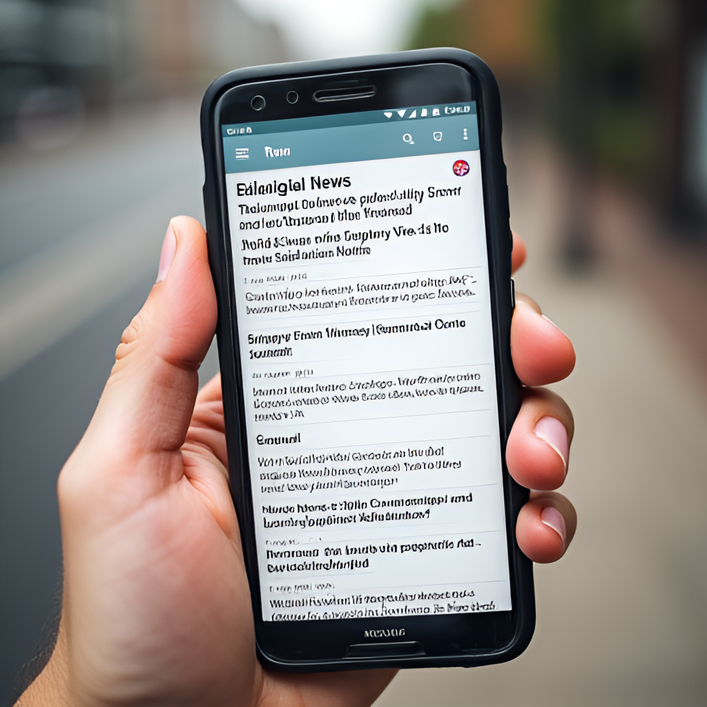 A hand holding a smartphone displaying a balanced mix of news headlines, some positive, some neutral, and some negative, illustrating mindful news consumption and selecting diverse sources.