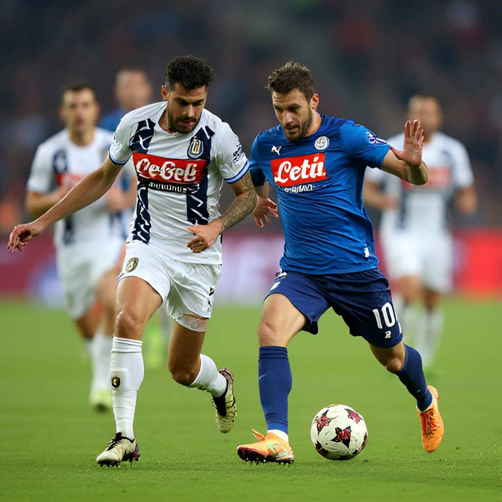 A dynamic action shot from a recent Napoli vs. Juventus match, showing key players from both teams competing for the ball, capturing the intensity and skill on the field.