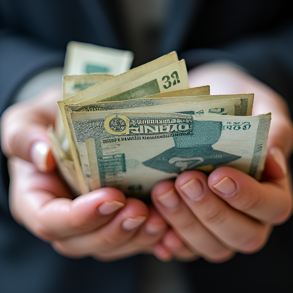 A close-up shot of hands counting Chilean pesos bills, symbolizing the financial aid provided by the winter bonus.