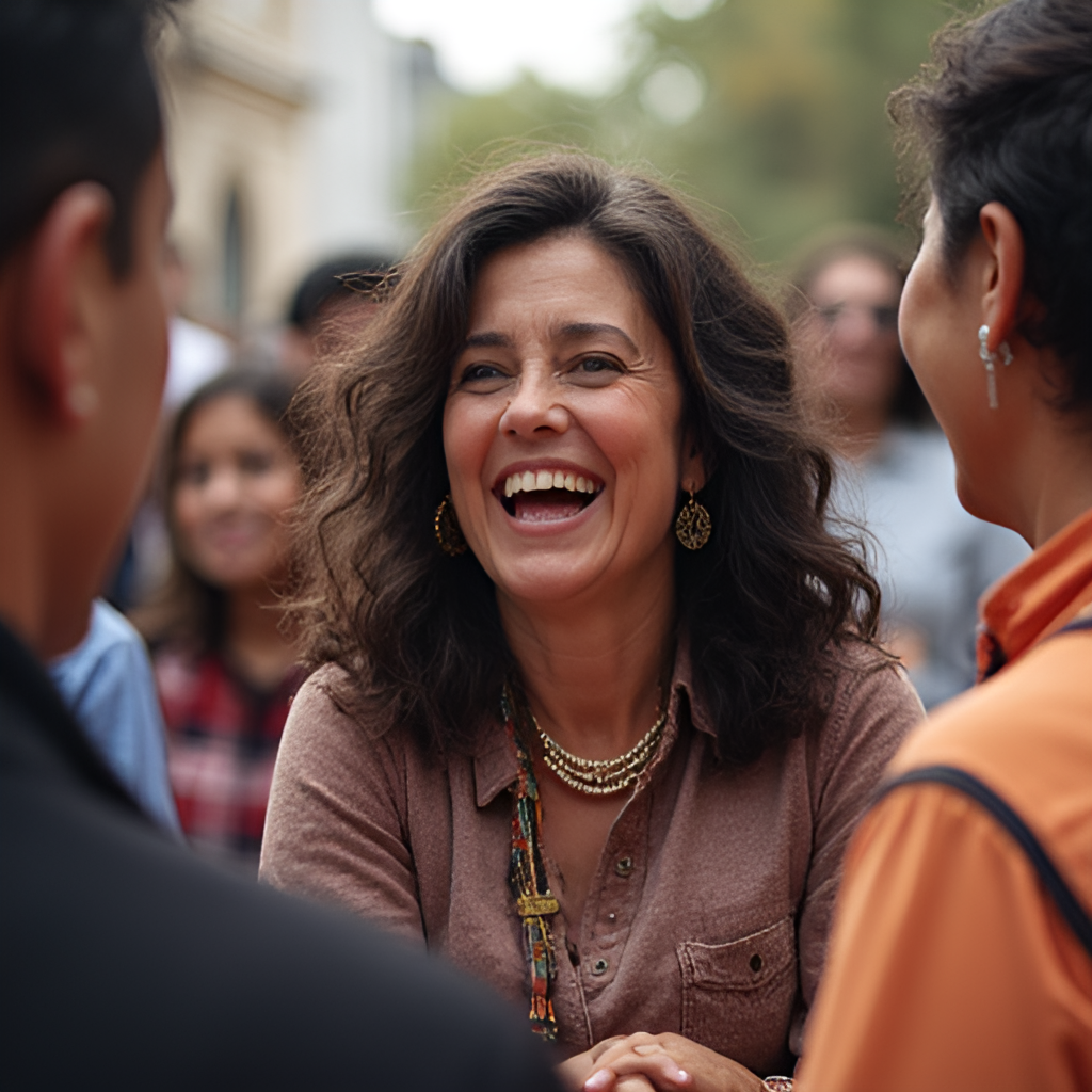 A dynamic, candid photo of Jeannette Jara interacting with people in a public setting, perhaps during a campaign event or a meeting related to labor rights. She is smiling and engaged, showing her connection with the public. The setting could be a union hall or a public square.