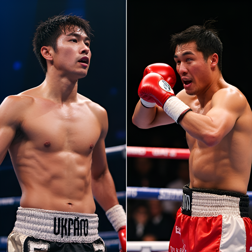 A split image: on one side, Naoya Inoue standing dominant in the ring, and on the other, Ramon Cardenas showing resilience, perhaps after landing a significant punch, capturing the contrasting moments of the fight