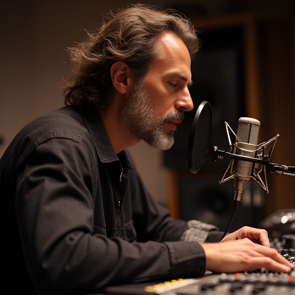 A portrait of Marcianeke in a recording studio, showing him focused on a microphone or mixing board, with subtle background elements related to music production, conveying his creative process.