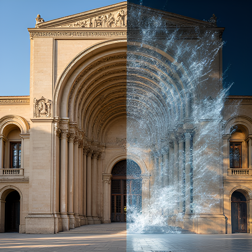 A split image showing a historical architectural detail of the Palacio de Bellas Artes on one side and a modern digital art installation on the other, representing the blend of tradition and contemporary art.