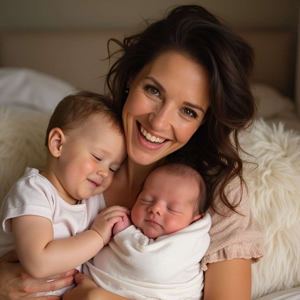 A warm, personal image of Flaviana Seeling with her family, perhaps holding her newborn baby Vicente, conveying a sense of happiness and fulfillment in her personal life.