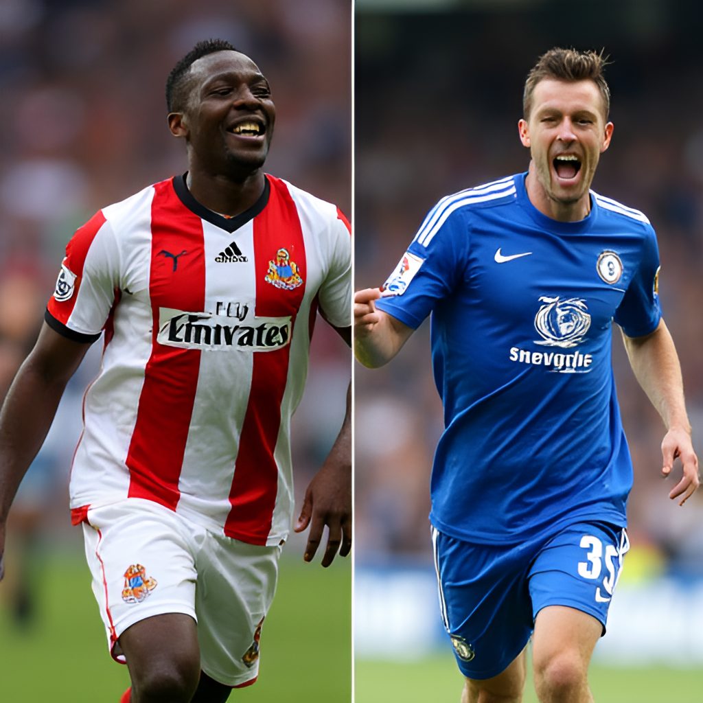 A split image or collage featuring iconic players who have played for both Newcastle United and Chelsea FC, such as Demba Ba, Damien Duff, or Celestine Babayaro, in their respective team kits, celebrating a goal or in a key moment