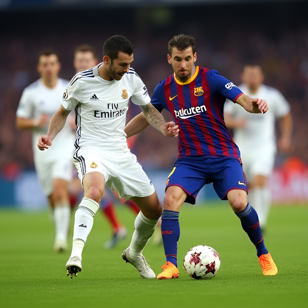 A dynamic, medium-shot photograph capturing a key tactical moment in a Real Madrid vs Barcelona match, showing midfielders from both teams battling for possession, with blurred background players and the intense focus on the central duel.