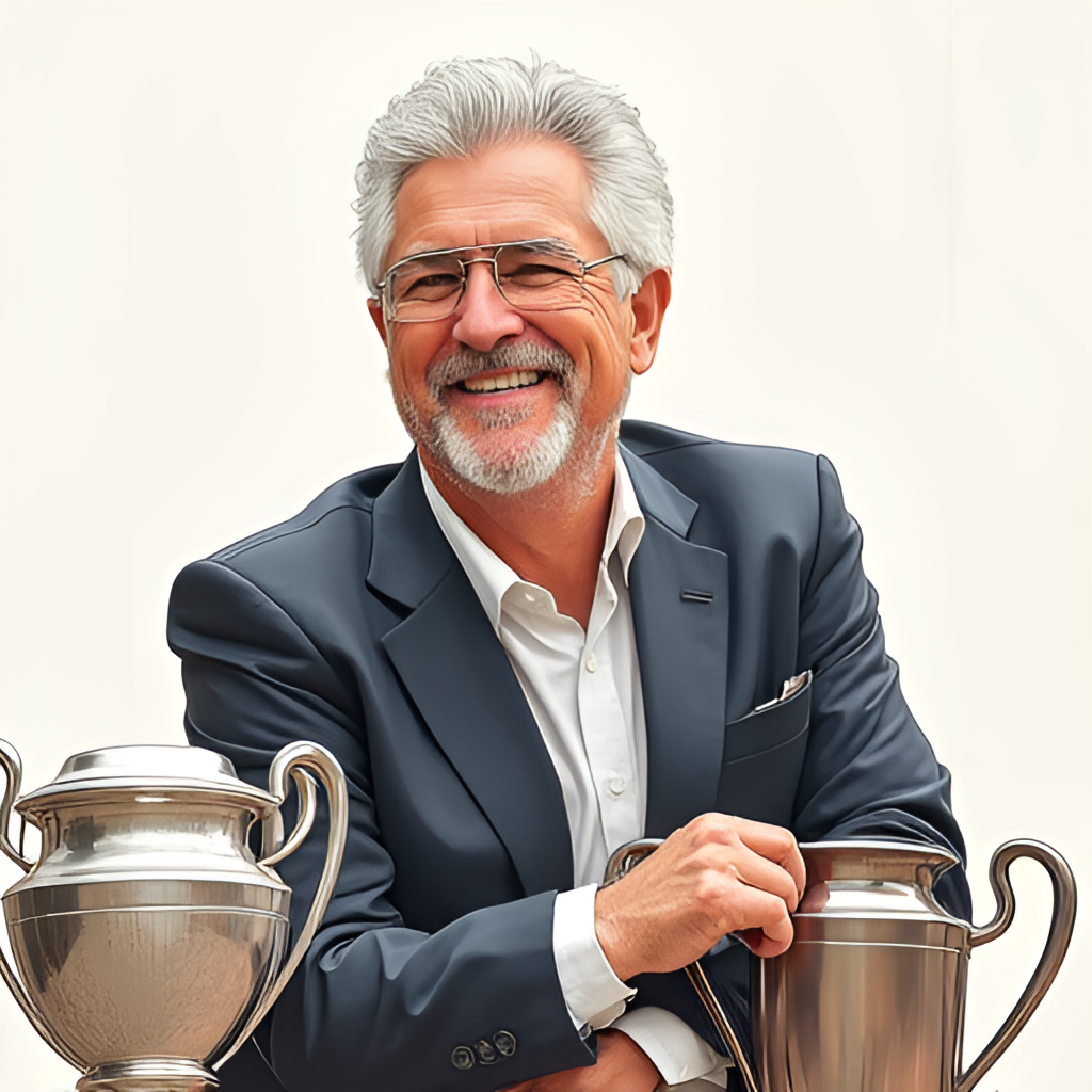 A portrait-style illustration of Carlo Ancelotti with a warm, approachable smile, perhaps holding a football or leaning against a trophy, capturing his renowned man-management style.