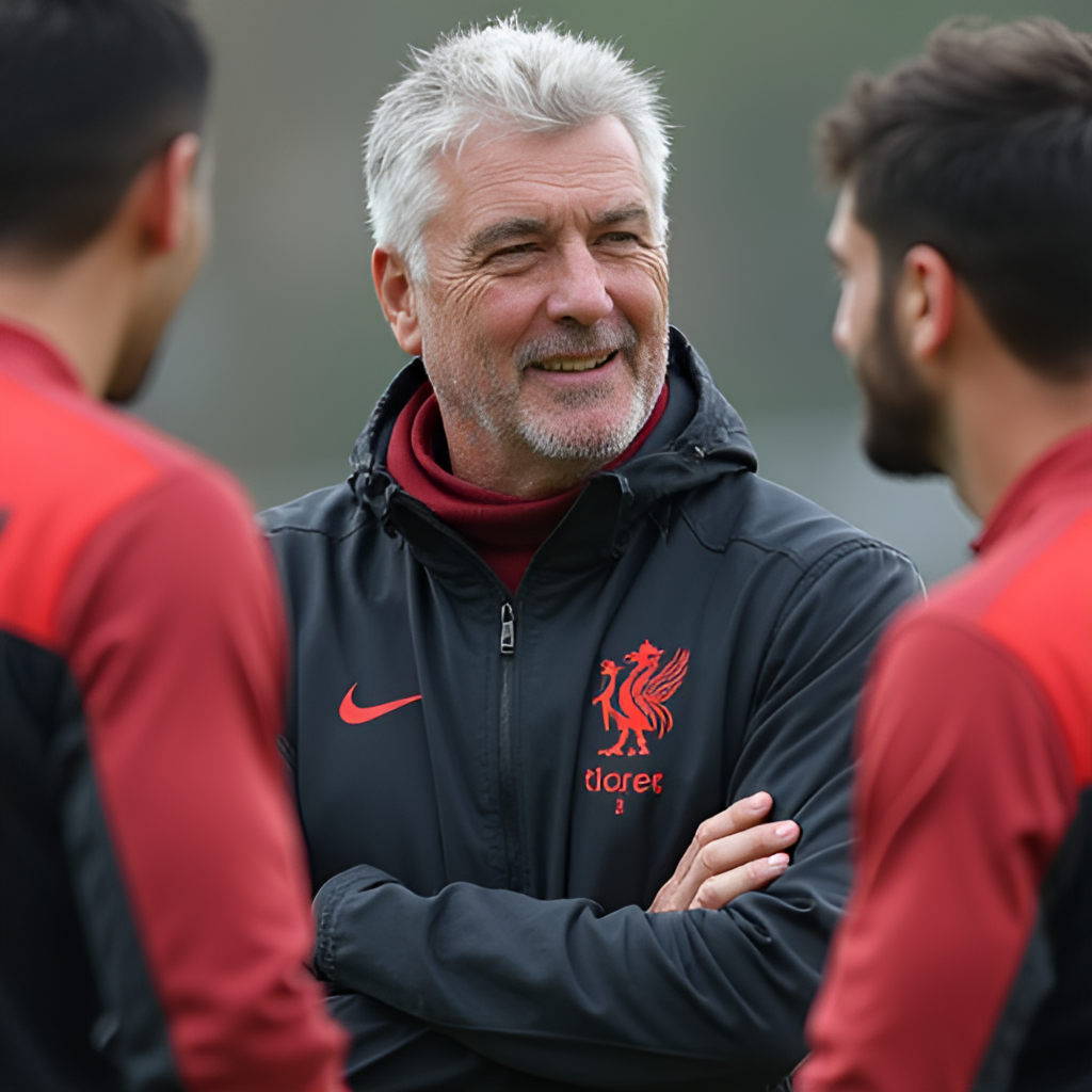 A warm, candid photo of Carlo Ancelotti interacting with players during a training session, showcasing his renowned man-management and calm demeanor