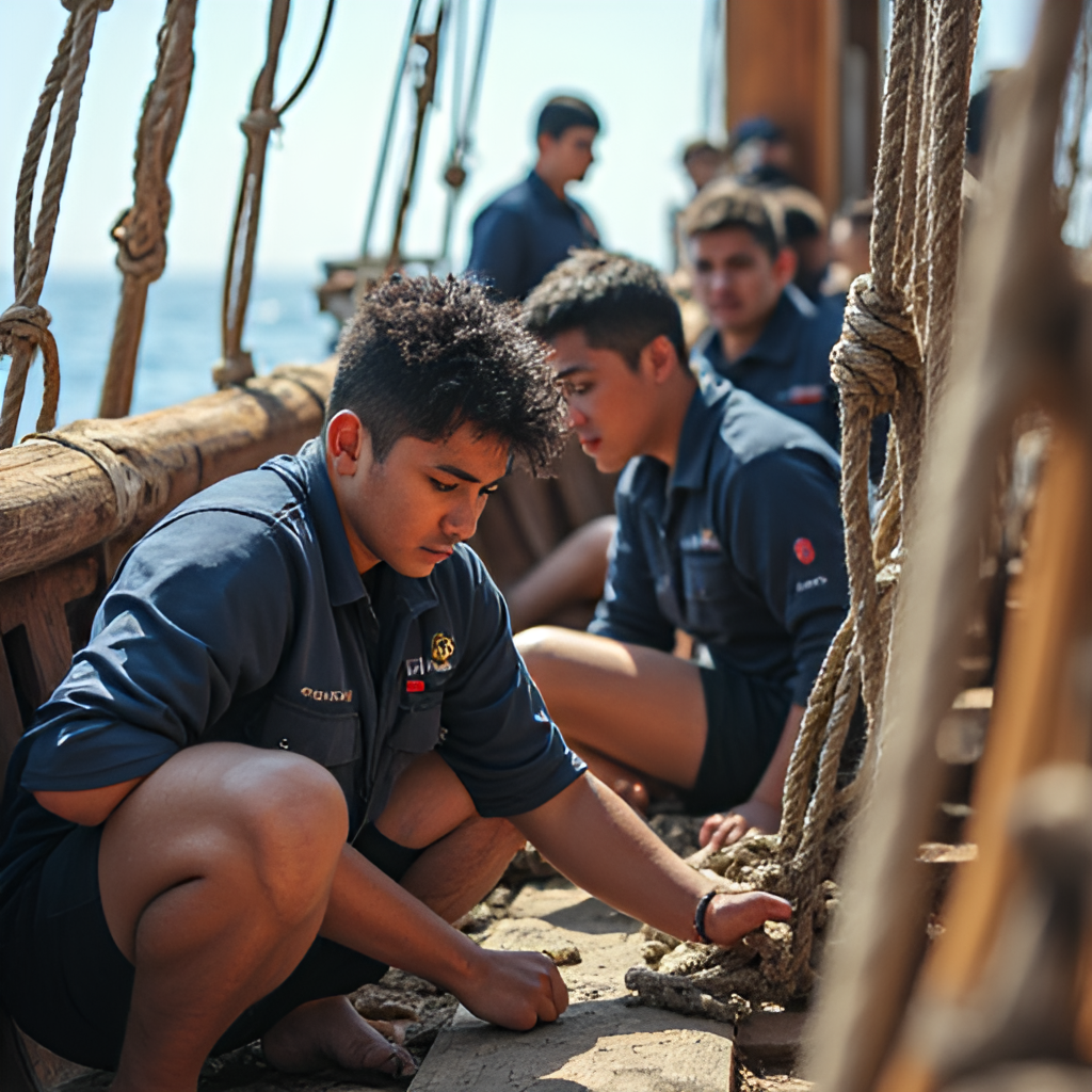 A detailed shot showing cadets working on the deck or rigging of the 'Buque Cuauhtémoc', conveying a sense of hands-on training and traditional seamanship, with the ship's wooden deck and ropes visible.