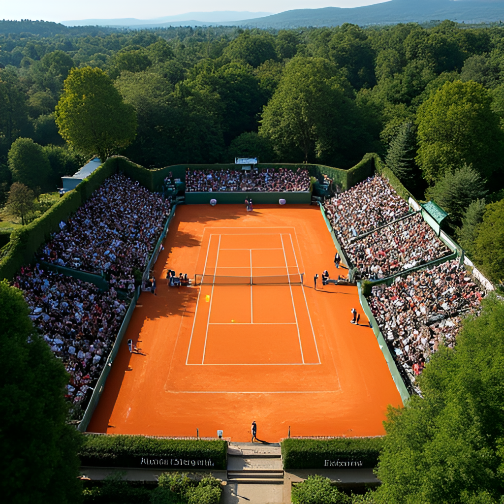 An aerial view photograph capturing a tennis match in progress on a clay court surrounded by lush green trees and parkland, with spectators in the stands, at the Tennis Club de Genève in Parc des Eaux-Vives.