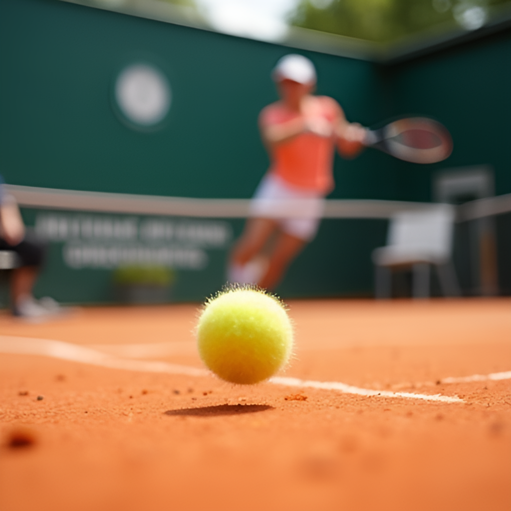 A close-up shot from the court level showing a professional tennis player hitting a forehand on a clay surface, with the umpire's chair and net visible in the background, conveying the action and intensity of the Geneva Open tournament.