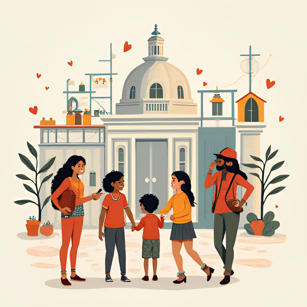 An illustrative image representing social development in Chile, perhaps showing diverse people interacting positively in a community setting, or symbolic imagery related to social progress and government support programs. Stylized illustration.