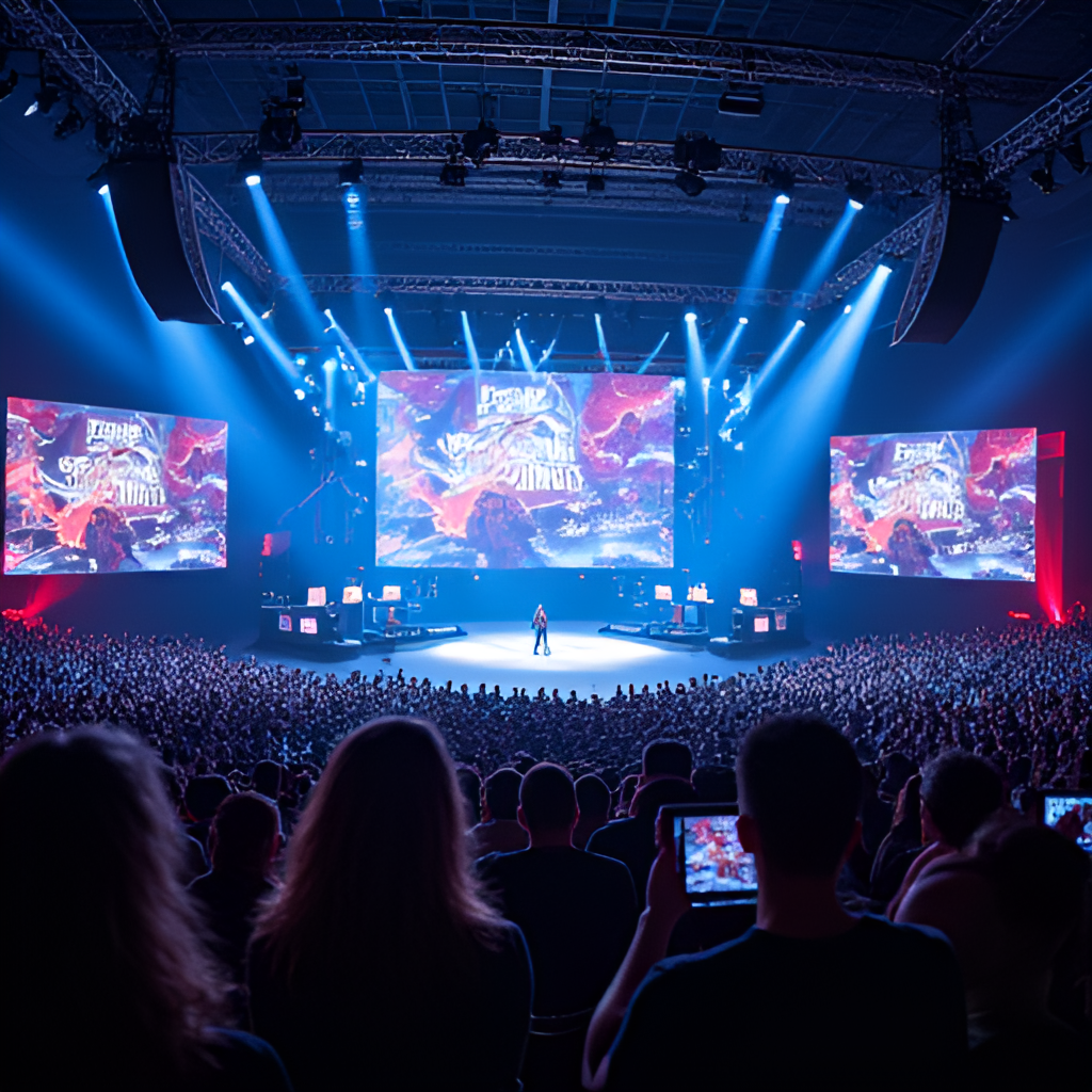 Dynamic photo of a professional League of Legends esports match being played on a large stage with players in booths and a massive screen showing the game, capturing the energy of a competitive event.
