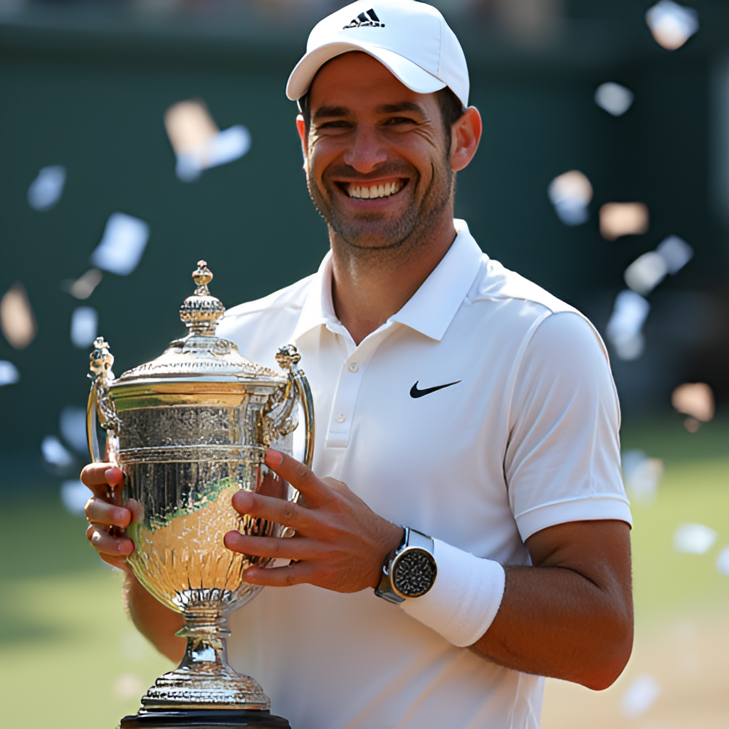 A celebratory image of Carlos Alcaraz holding a Grand Slam trophy, smiling broadly with confetti falling around him on a tennis court.