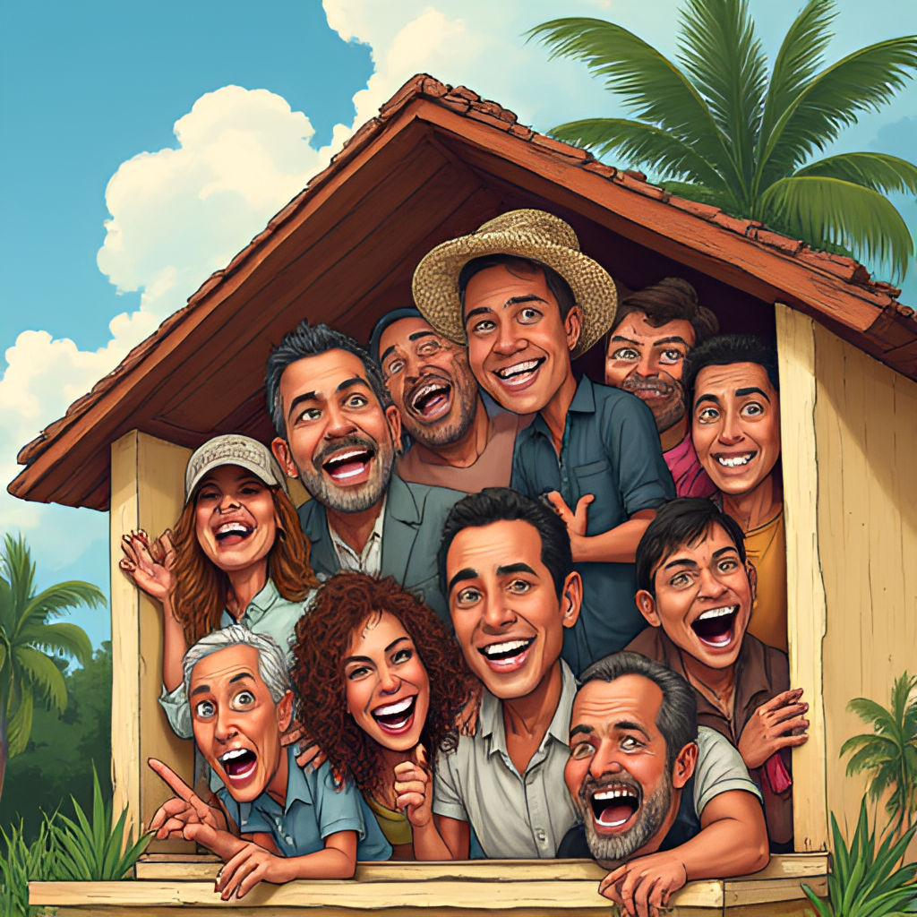 A dynamic illustration depicting a group of diverse Colombian celebrities with exaggerated expressions (smiling, arguing, strategizing) inside a stylized house structure, representing the show's drama and interaction.