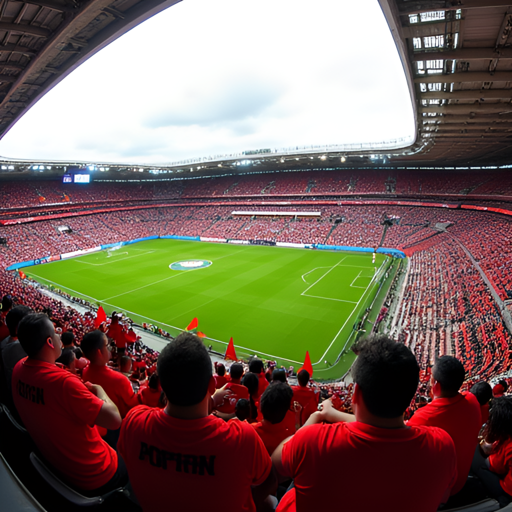 A wide-angle shot capturing the atmosphere inside the Estadio Luis Valenzuela Hermosilla during a match. The image should show the stands filled with Deportes Copiapó fans wearing the team colors, holding flags, and cheering, with the green pitch and stadium structure visible. The goal is to depict the passion of the 'León de Atacama' supporters.