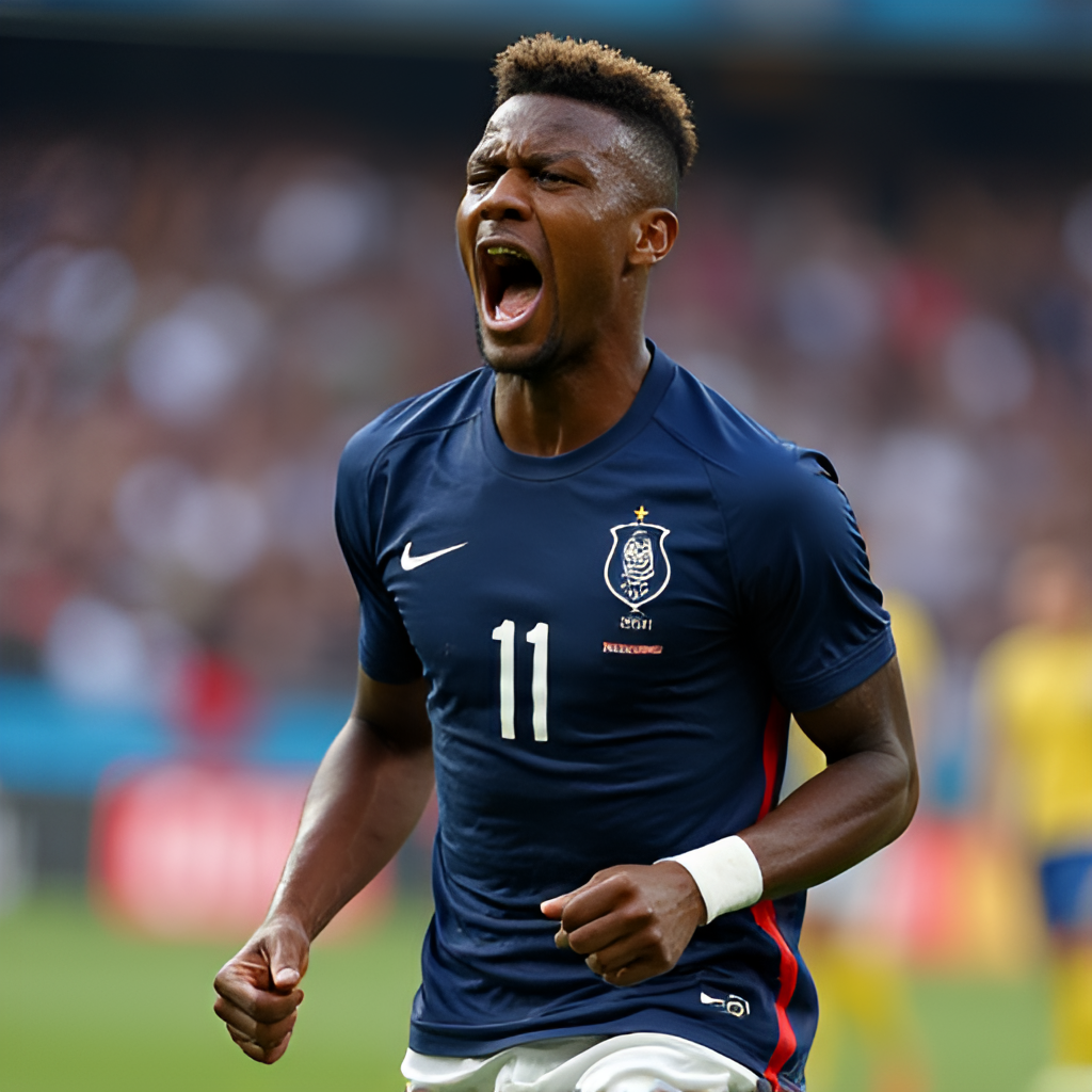 A close-up, focused shot of Kylian Mbappé celebrating a goal for the French national team, showing his emotional reaction and the intensity of international football, possibly in a World Cup setting.