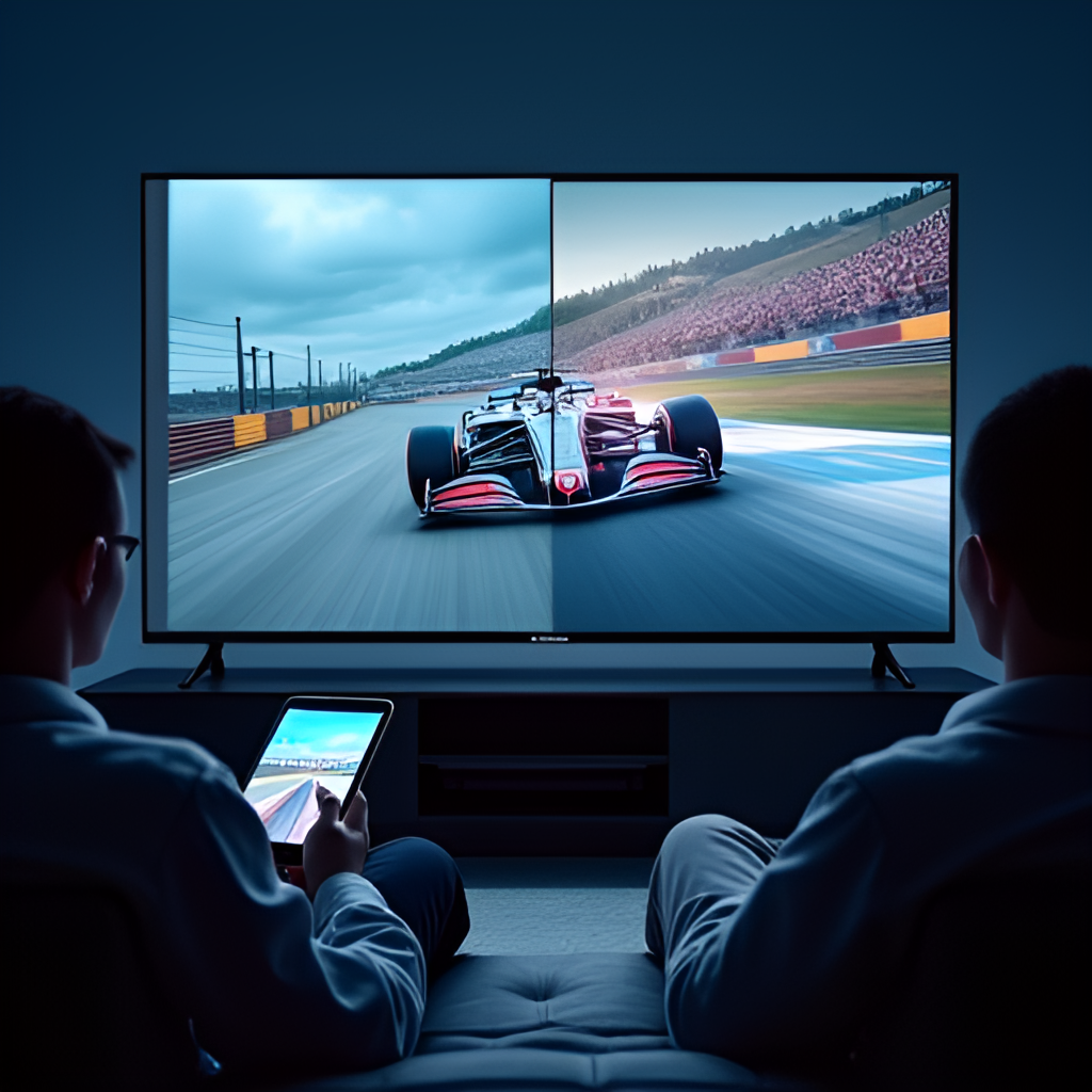 A split image showing a person watching an F1 race on a tablet or phone and another person watching on a large TV screen, representing the different ways to watch.