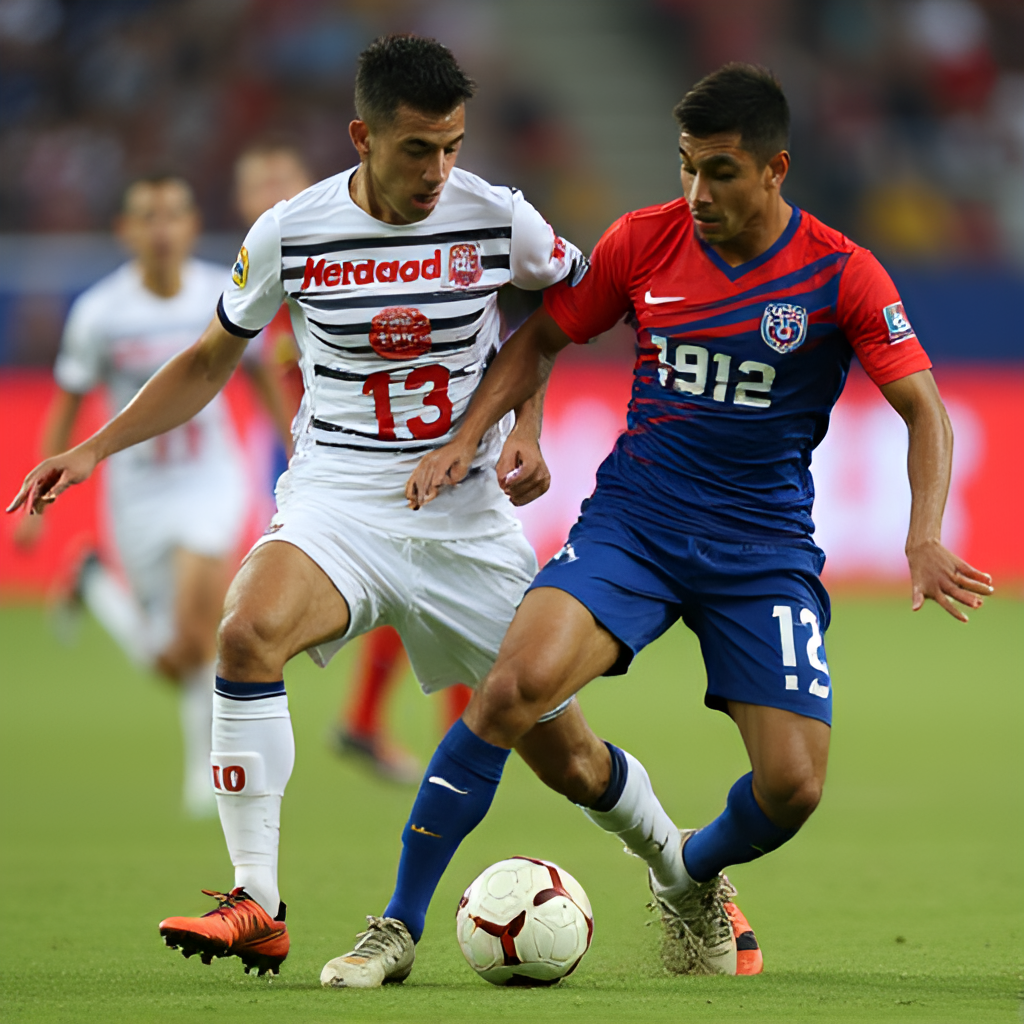 A close-up, action-oriented photo of players from U de Chile and Botafogo challenging for the ball in a competitive match, showing determination and the intensity of a South American cup tie.