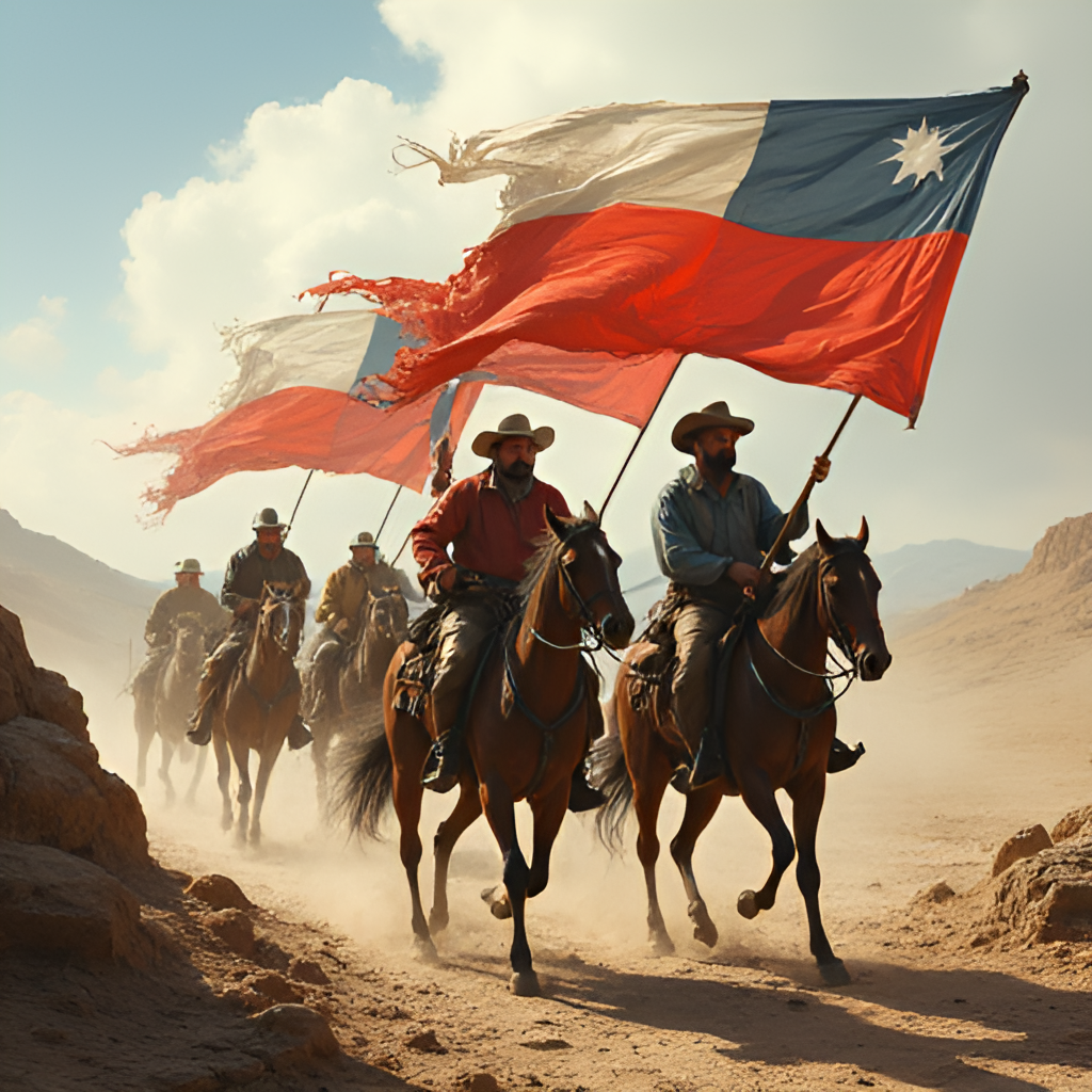 An evocative image depicting a group of the Húsares de la Muerte, led by Manuel Rodriguez, riding across a rugged Chilean landscape, banners flying, symbolizing resistance and determination. The style should be epic and historical.
