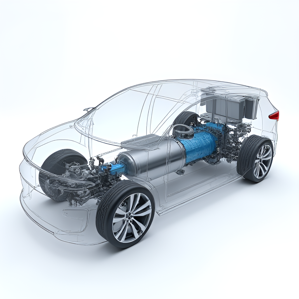 A modern, clean illustration or photo of a cutaway view of an electric vehicle powertrain, highlighting the e-Axle or battery thermal management system components supplied by Dana, futuristic and technological style.