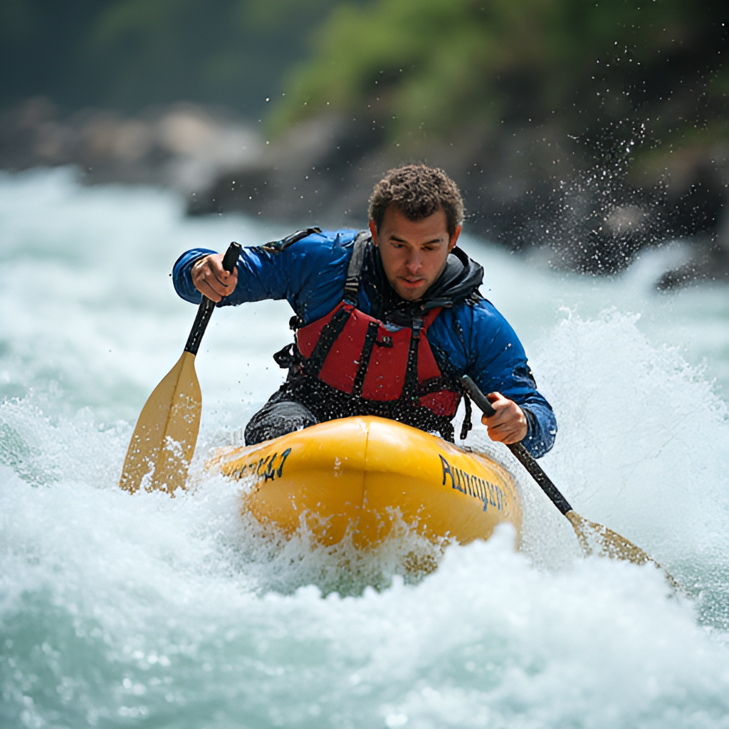 An image showcasing Pangal Andrade engaged in an extreme sport like kayaking or rafting in a dynamic river setting, highlighting his athletic prowess and adventurous spirit.