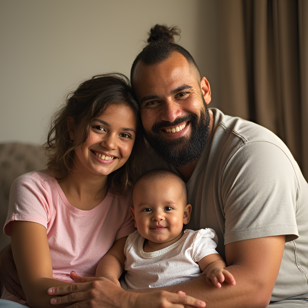 A warm, personal portrait of Daud Gazale with his family, possibly including his child, conveying a sense of peace, faith, and personal fulfillment outside of his sports career.