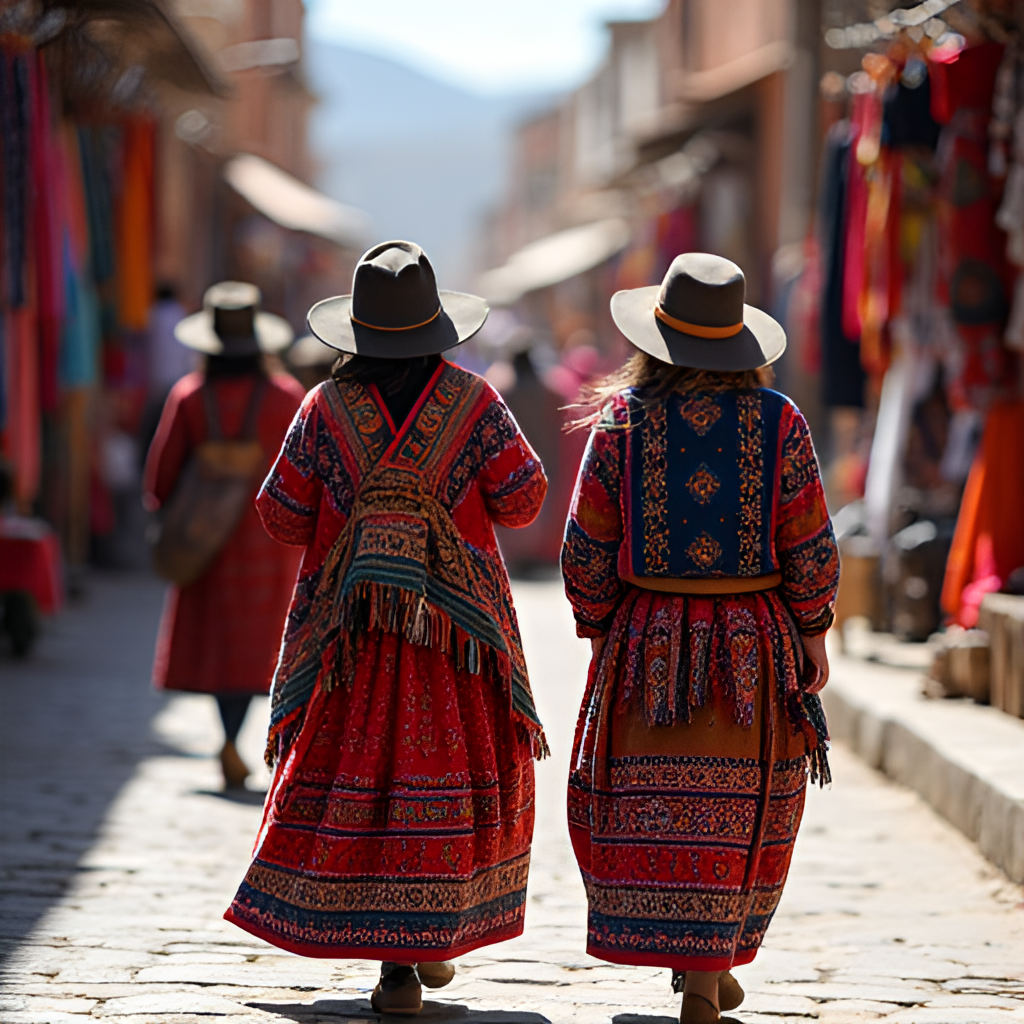 A vibrant photo showing women wearing traditional Bolivian clothing (polleras and bowler hats) walking in a busy market street in La Paz, with colorful textiles and goods visible