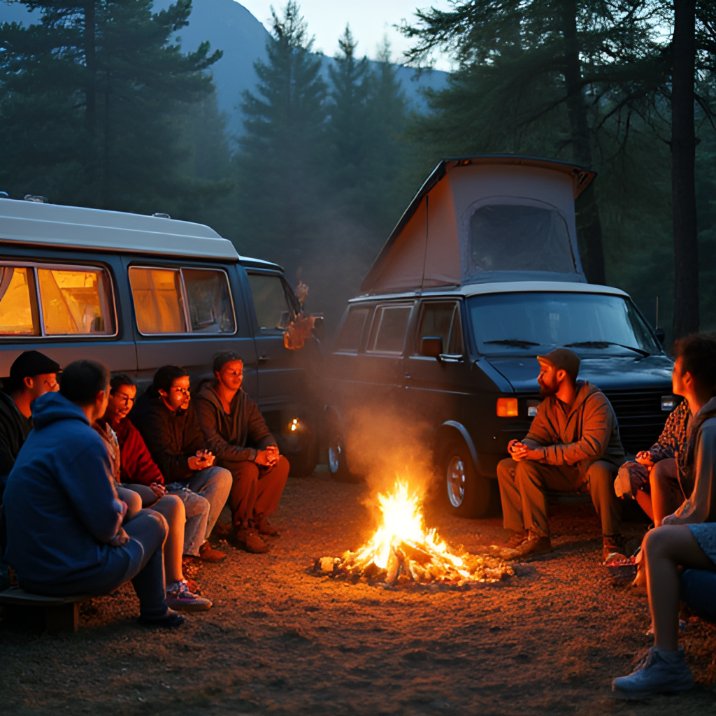 A diverse group of people gathered around a campfire outside their vans in a natural setting, showing the community aspect of van life.