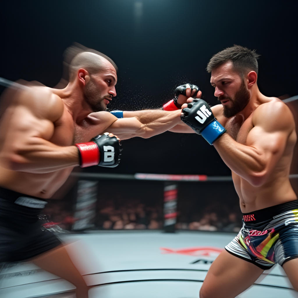 A dynamic close-up shot of two MMA fighters exchanging strikes inside the Octagon, capturing the intensity and athleticism of the sport with motion blur effects.