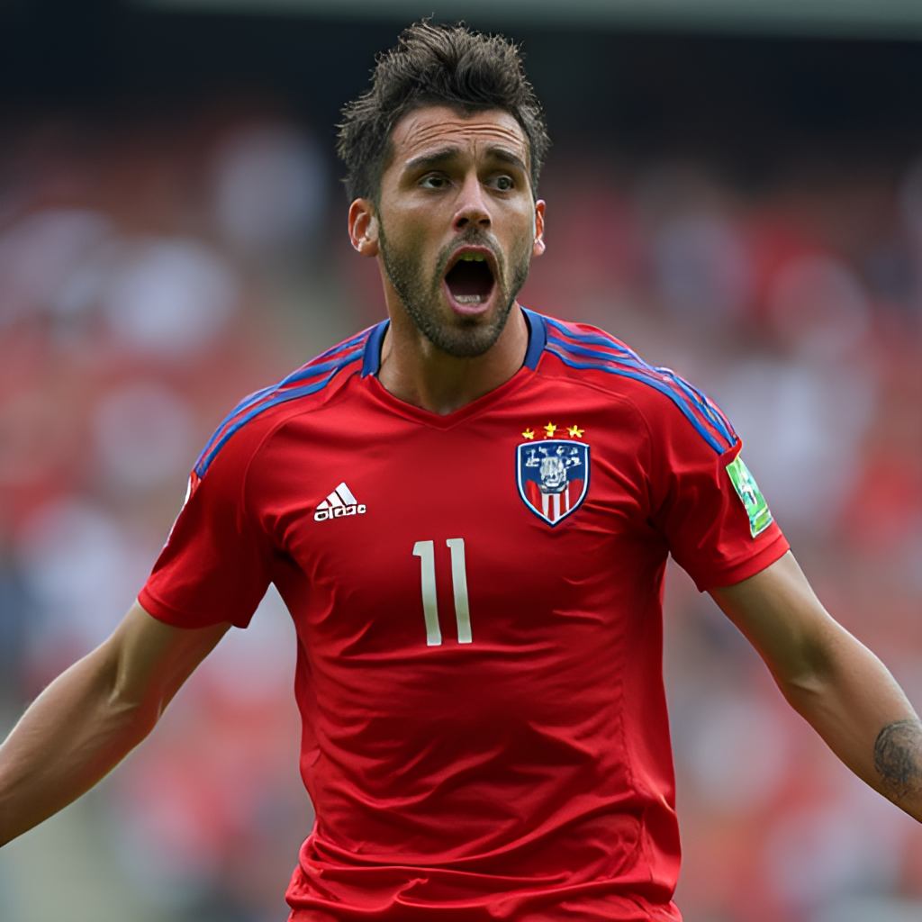 A portrait of David Pizarro in a Chilean national team jersey, perhaps celebrating a goal or moment of victory, capturing his determined expression, realistic sports photography style.