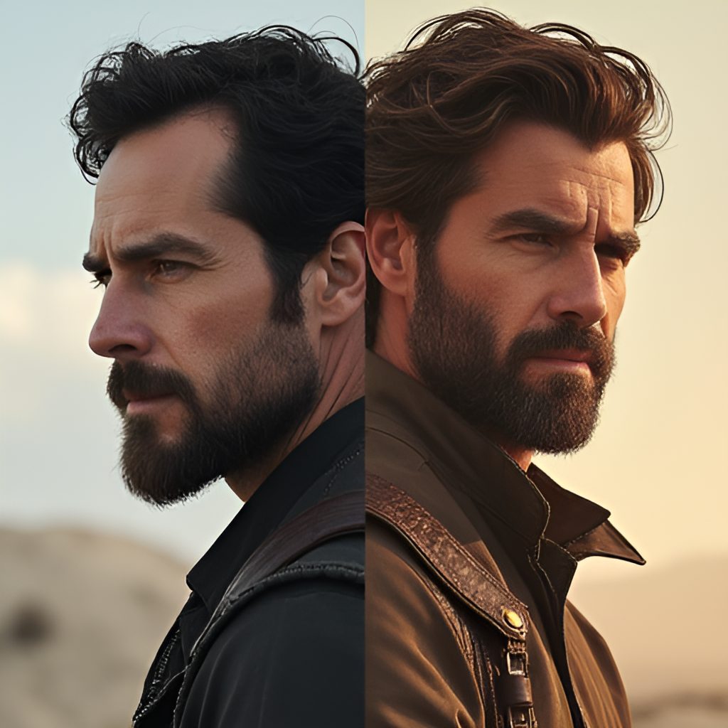 A composite image or illustration featuring iconic characters played by Pedro Pascal, such as Din Djarin (The Mandalorian) and Joel Miller (The Last of Us), side-by-side, showcasing his versatility.