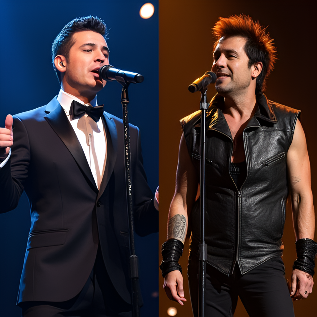 A split image or collage showing two sides of Cristian Castro's career: one side depicting him in a classic suit singing a romantic ballad with soft lighting, and the other side showing him in a more edgy, rock-inspired look with a microphone stand, perhaps hinting at his La Esfinge project.
