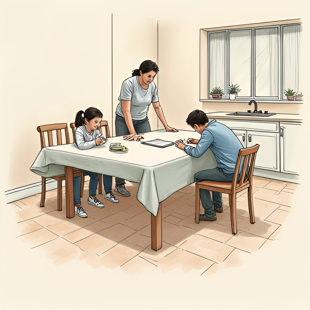 A detailed illustration of a family practicing the 'Drop, Cover, Hold On' technique under a sturdy table during an earthquake simulation in a home environment.
