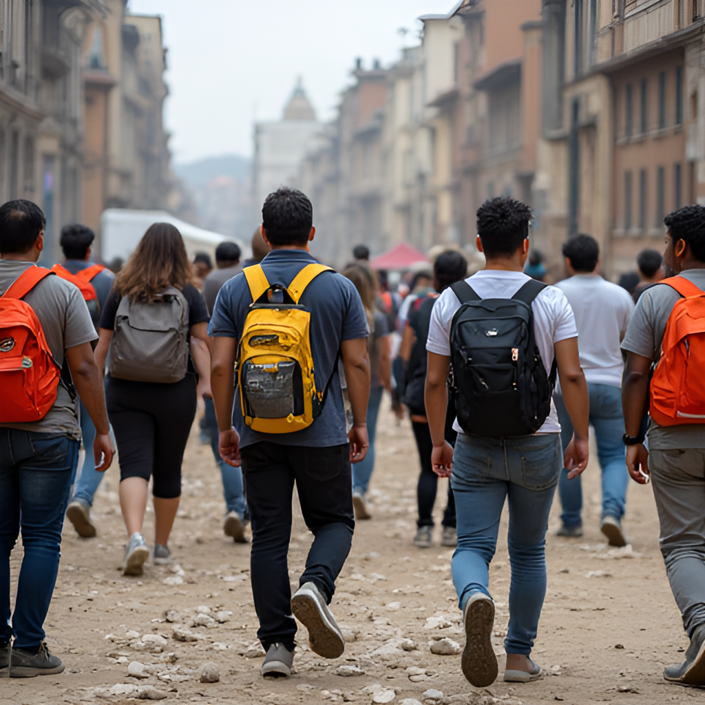 A diverse group of people in Chile calmly participating in a simulated earthquake drill, showing preparedness, with emergency kit backpacks visible and designated safe zones