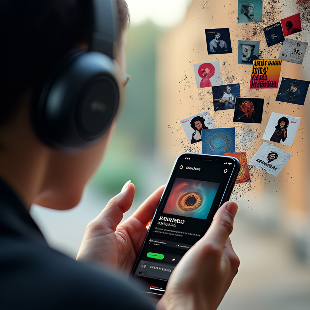 A split image composition. On one side, a person wearing headphones is focused on their phone with the Spotify interface showing a podcast or audiobook. On the other side, album art covers and podcast icons are displayed in a dynamic, flowing arrangement, symbolizing the platform's diverse audio content beyond just music.