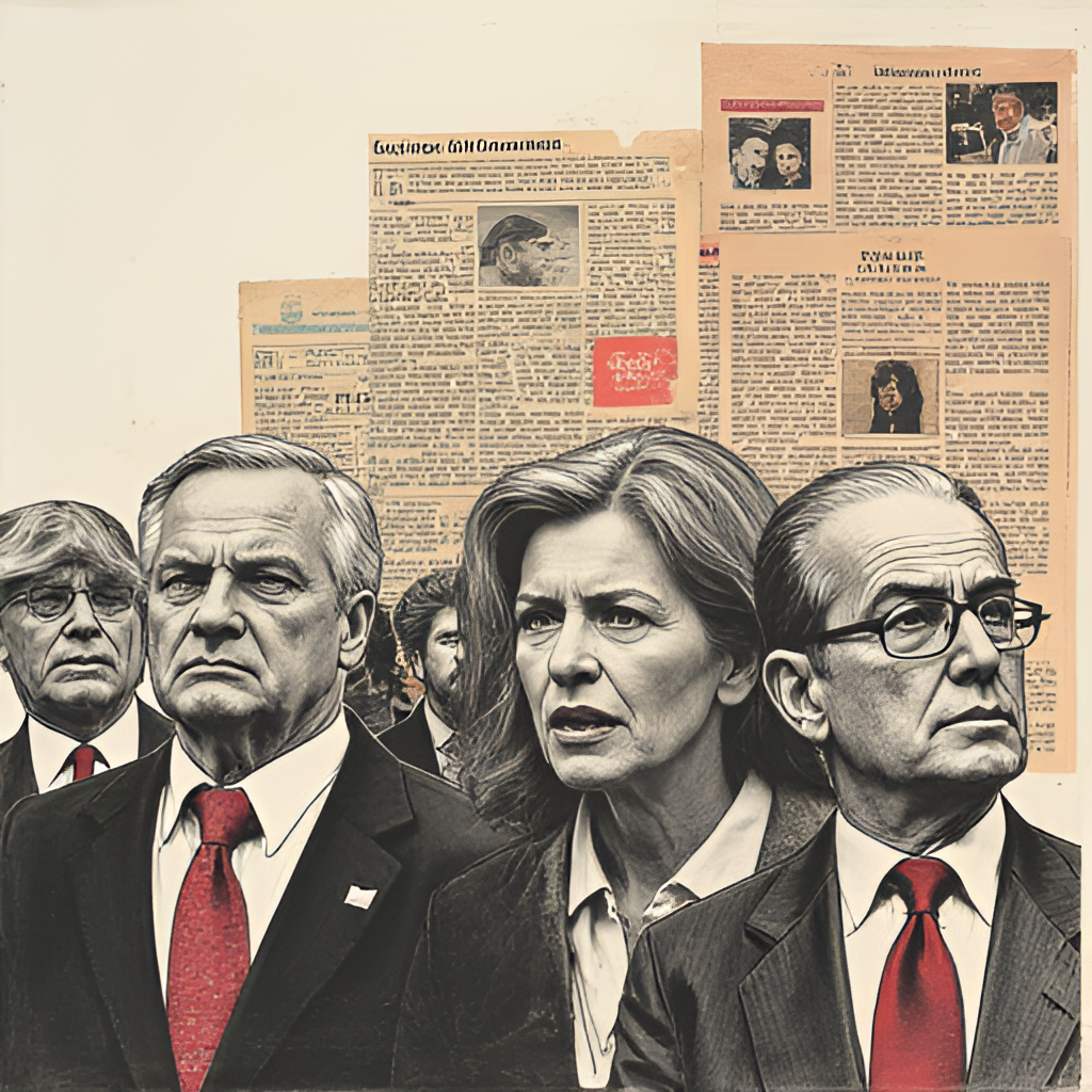 A graphic illustration representing a critical voice amidst political figures, using newspaper clippings or abstract shapes, symbolizing Tomás Mosciatti's role as a commentator observing and questioning power.