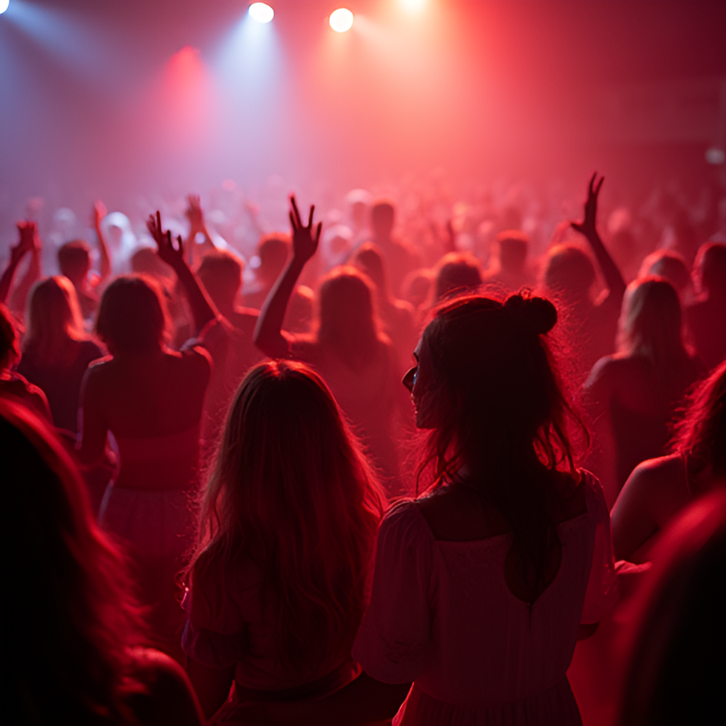 A dynamic photo showing people of different ages dancing enthusiastically in a crowded venue, lights flashing, highlighting the popular and joyful nature of the La Gran Noche de la Corazón event in Chile.