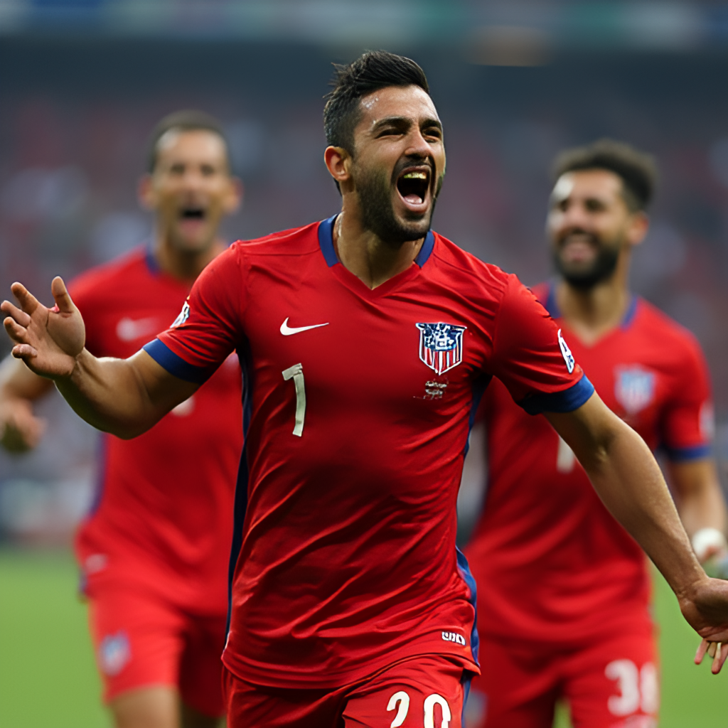 Alexis Sanchez celebrating a goal with the Chilean national team, wearing the red kit, surrounded by teammates, emotional expression, stadium crowd visible in the background, dynamic lighting