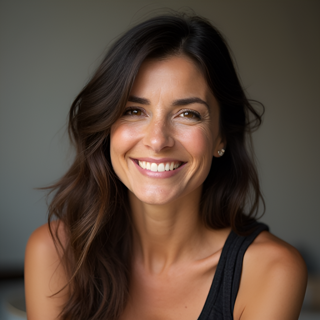A portrait photo of Ingrid Cruz smiling warmly, conveying her approachable and authentic public persona, perhaps with a subtle nod to the Chilean entertainment industry.