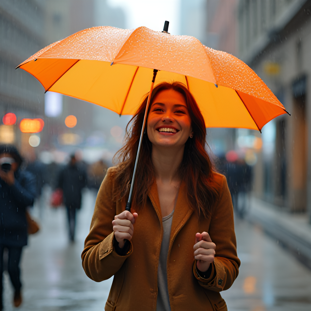 A person walking cheerfully under a light drizzle, holding a vibrant umbrella, with visible droplets on the umbrella, showcasing adaptation to changing weather conditions in an urban setting, with warm, inviting colors.