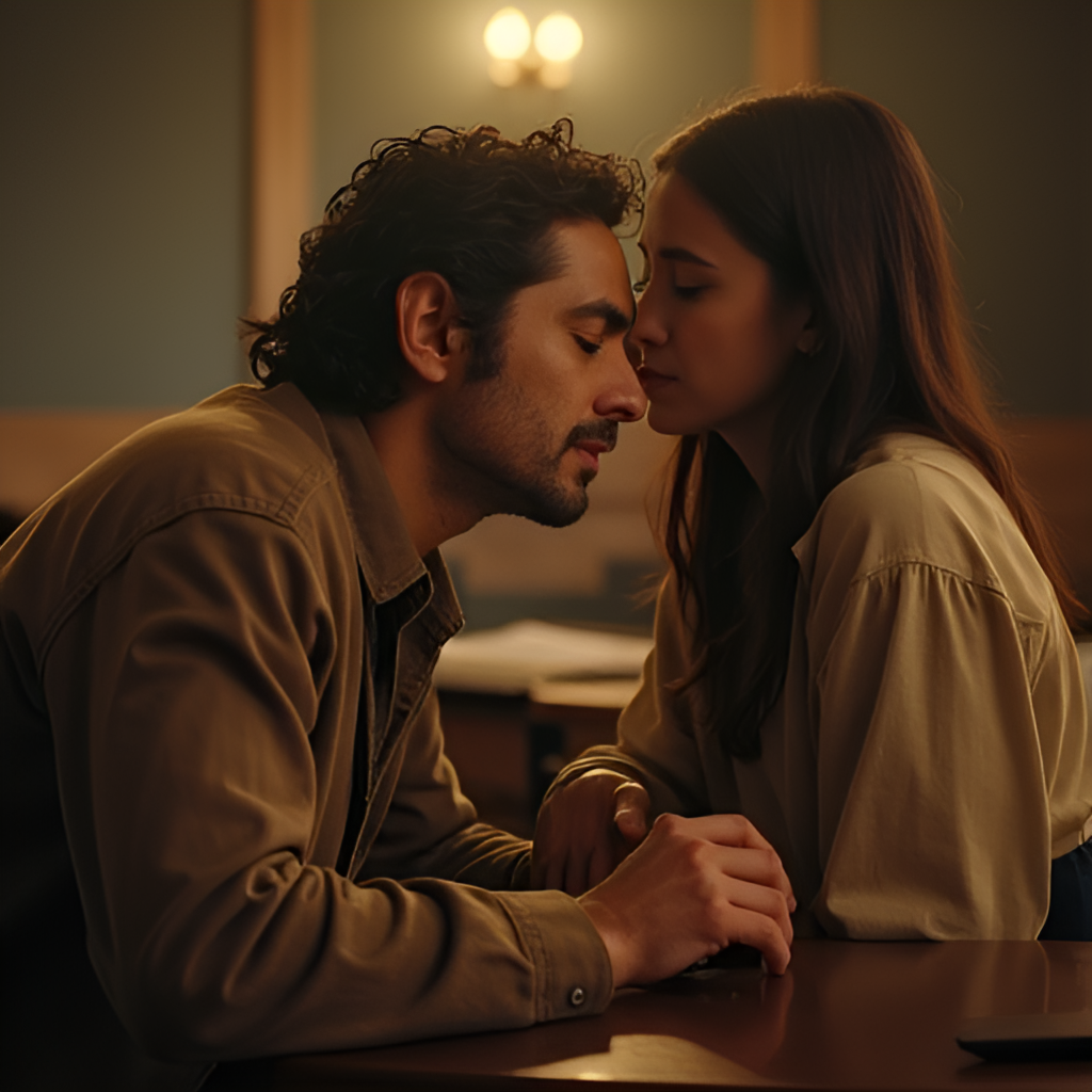 A poignant, cinematic still of Eugenio Derbez as Bernardo Villalobos from the movie 'CODA', with a young singer in the foreground, capturing a moment of mentorship and emotional connection, set in a music classroom. The lighting should evoke warmth and inspiration.